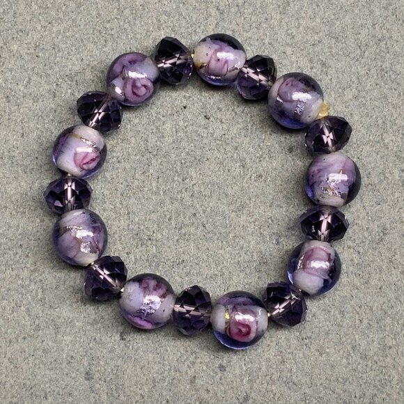 Floral Beaded Stretch Bracelet 7 In Purple Pink Marbled Glass Flowers Boho Retro - Picture 3 of 5